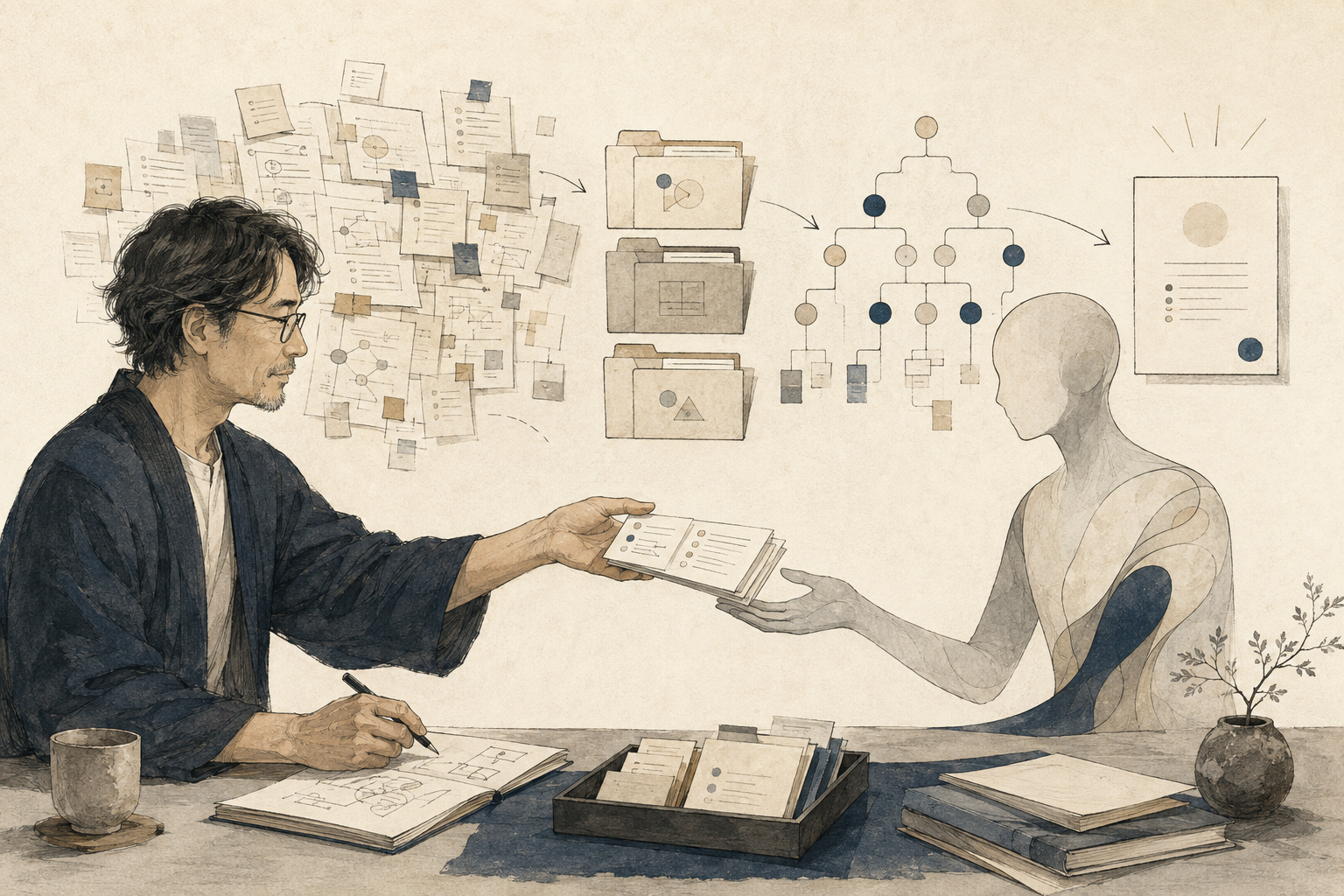 人間が整理した判断基準をAIへ渡し、細かな指示から目的の委任へ移る様子を描いたイラスト
