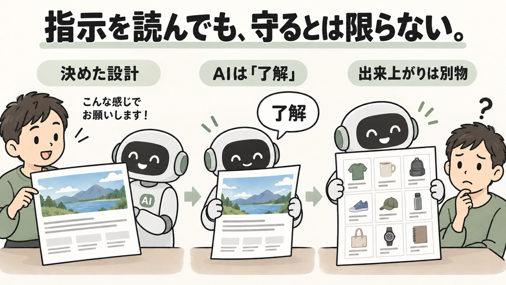 人が設計を渡し、AIが了解したものの、完成した画面は別の設計になっている三場面のイラスト(AI生成)