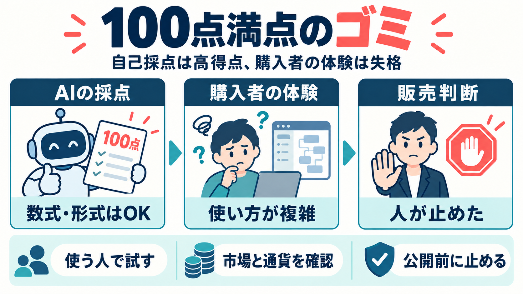 AIの自己採点100点と、購入者にとって使いにくい商品との落差を示す図解