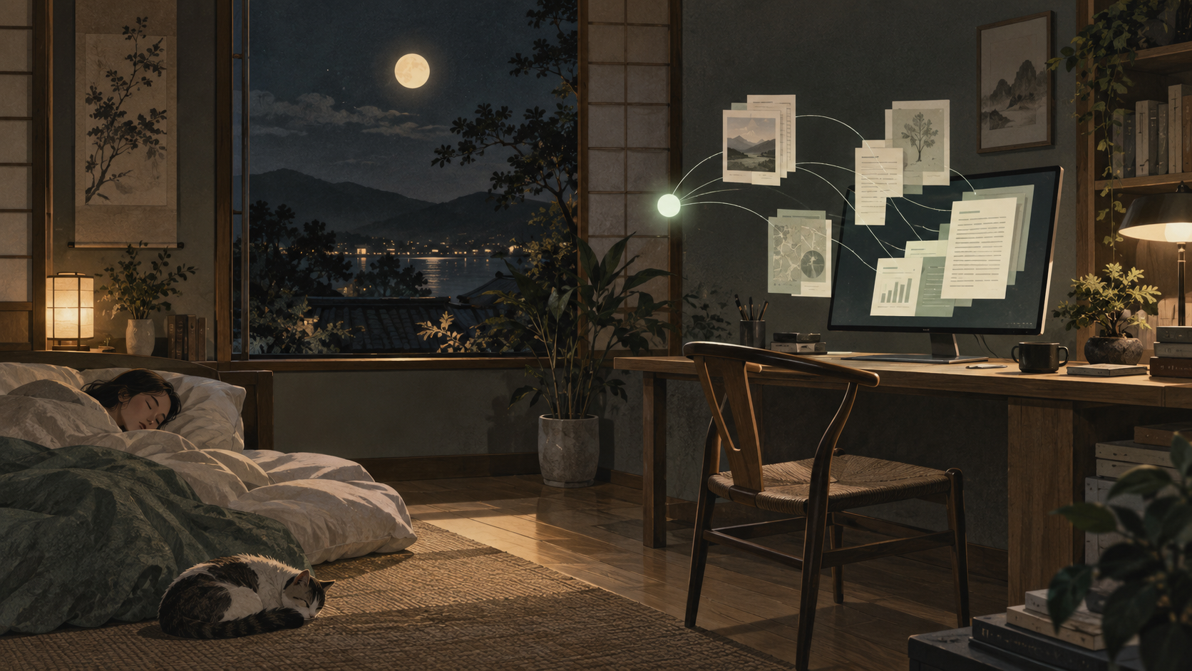 夜の机で、AIが調査や資料整理を進めるイメージ