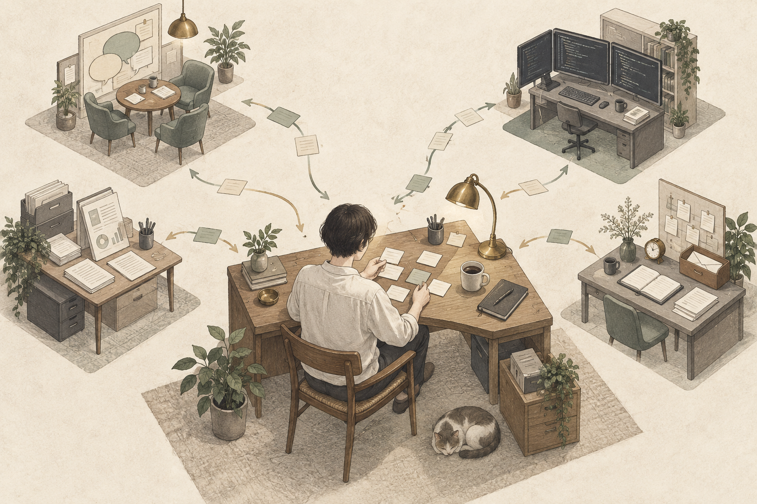 一人の人間が、役割の違う複数のAIへ仕事を渡す概念イラスト