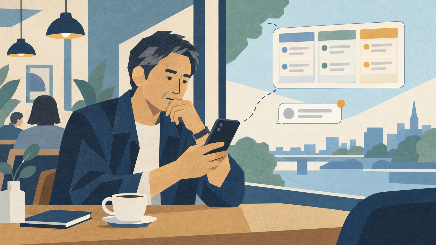 カフェでスマートフォンの通知を読み、AIに任せた仕事への回答を考える男性