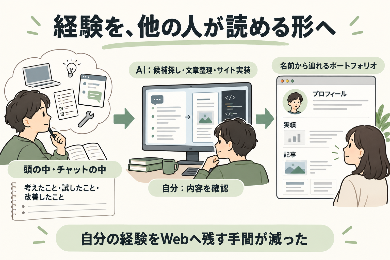 頭やチャットの中にある経験を、AIが候補探し・文章整理・サイト実装で手伝い、自分で内容を確認して、他の人が読めるプロフィール・実績・記事として残す概念図。Webへ残す手間が減ったことを示す。