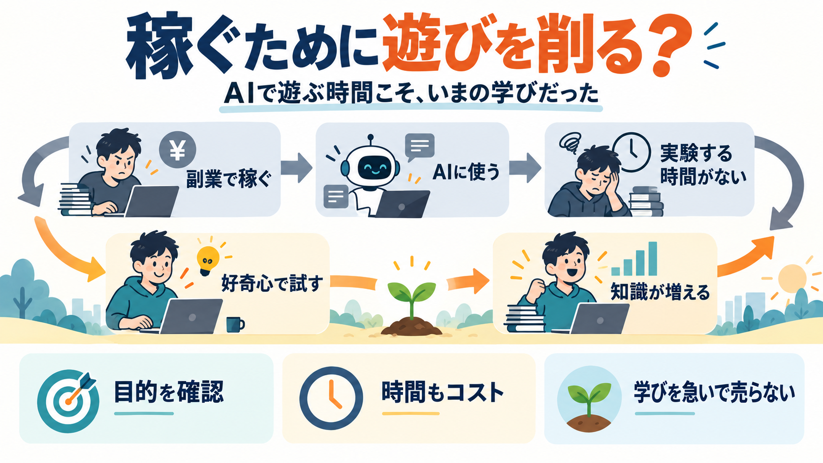 副業で稼ぐ時間と、AIの実験や好きなことに使う時間の関係を考える図解