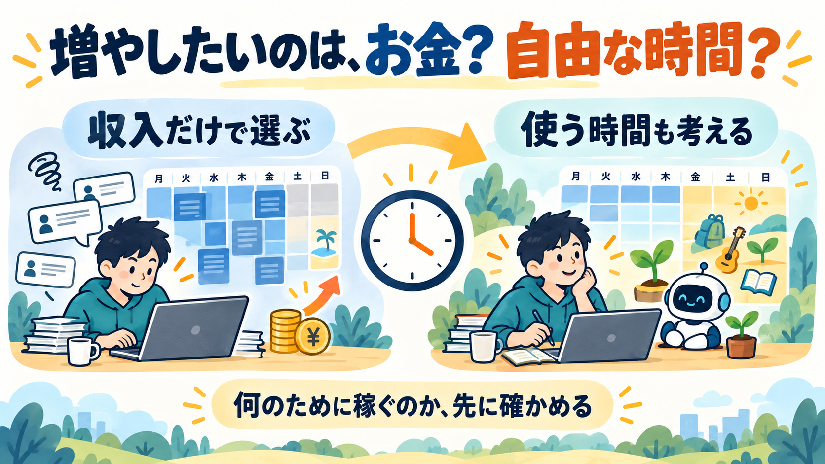 収入だけで副業を選ぶ場合と、使う時間や自由を含めて考える場合の比較