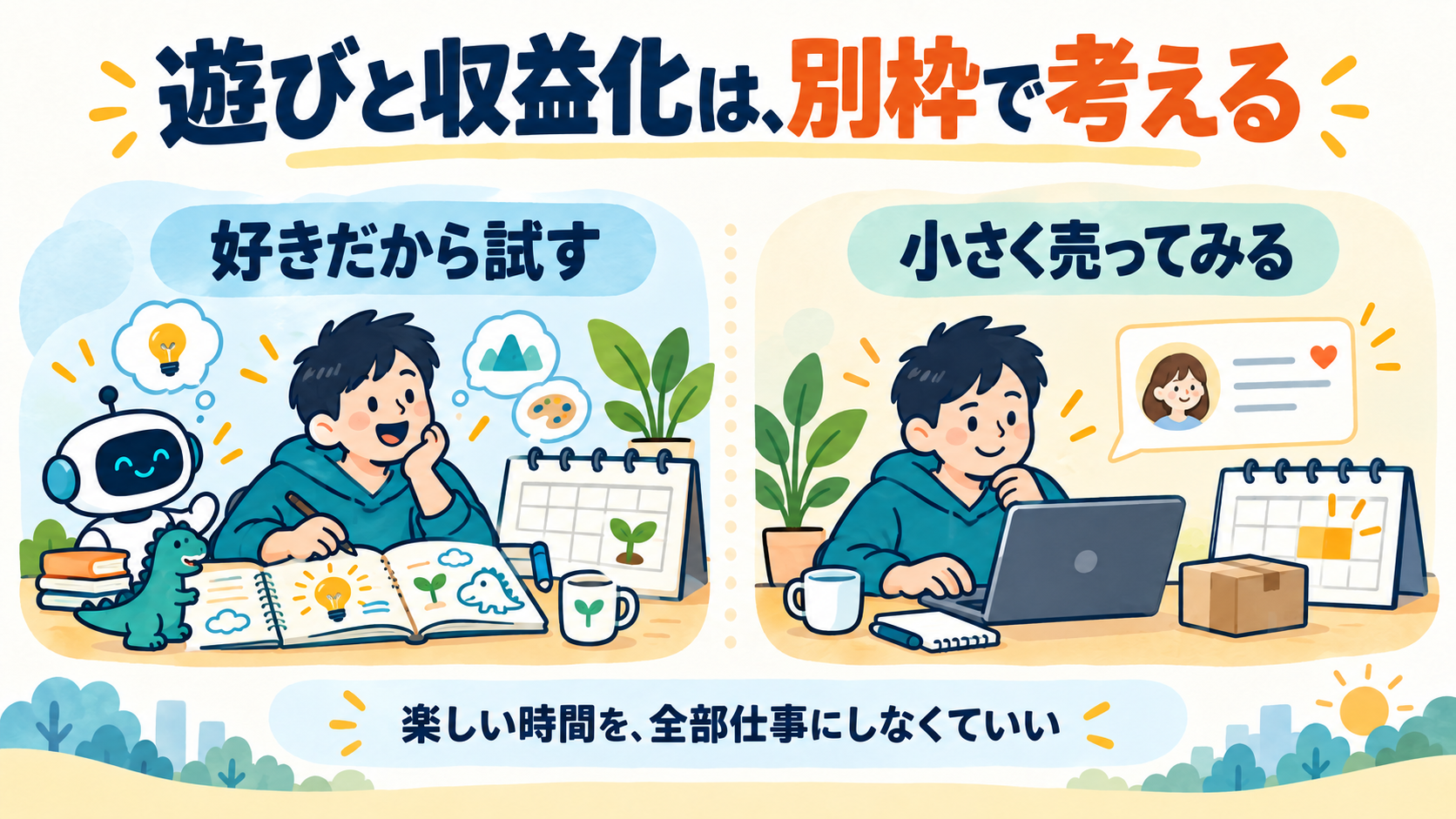 好きなことを試す自由な時間と、小さく収益を試す時間を別枠にする図解