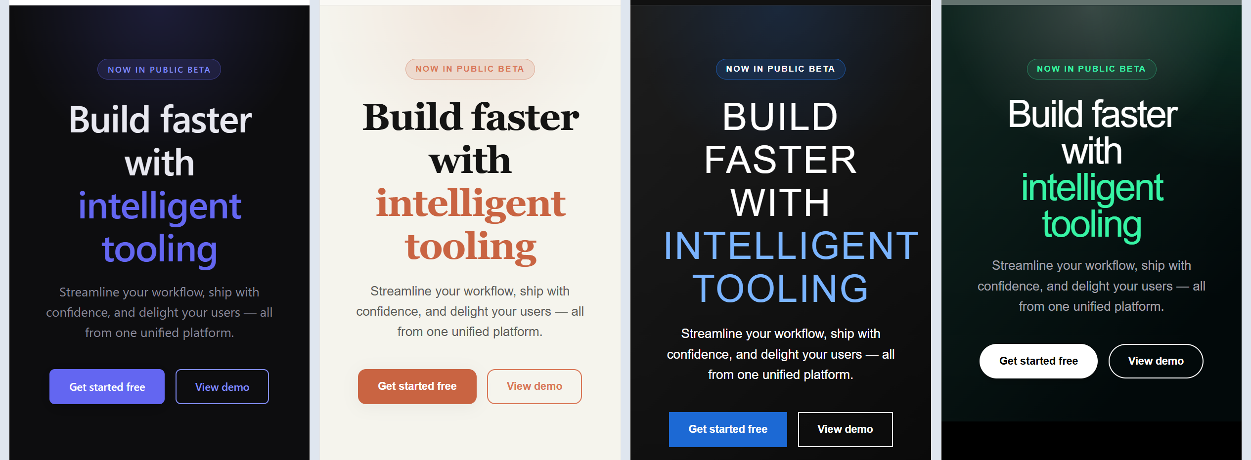 同一HTMLテンプレートに異なるDESIGN.mdを適用した比較：ダーク/テラコッタ/ブルーセリフ/ダークテールの4パターン