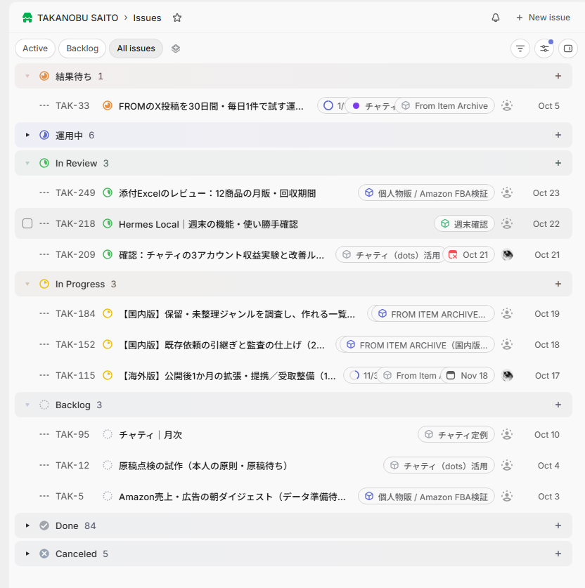 進行中・レビュー待ち・Backlog・完了など、状態別に並べた実際の案件一覧