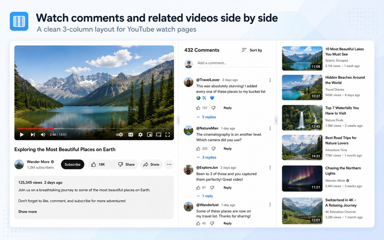 3 Column View for YouTube showing video, comments, and related videos side by side