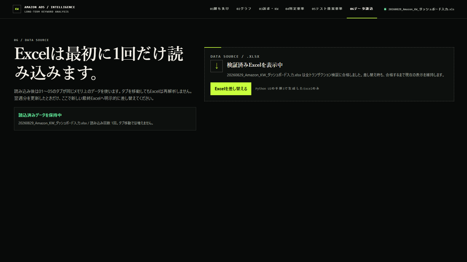 検証済みExcelを一度だけ読み込み、各分析タブで同じデータを保持するデータ読込画面