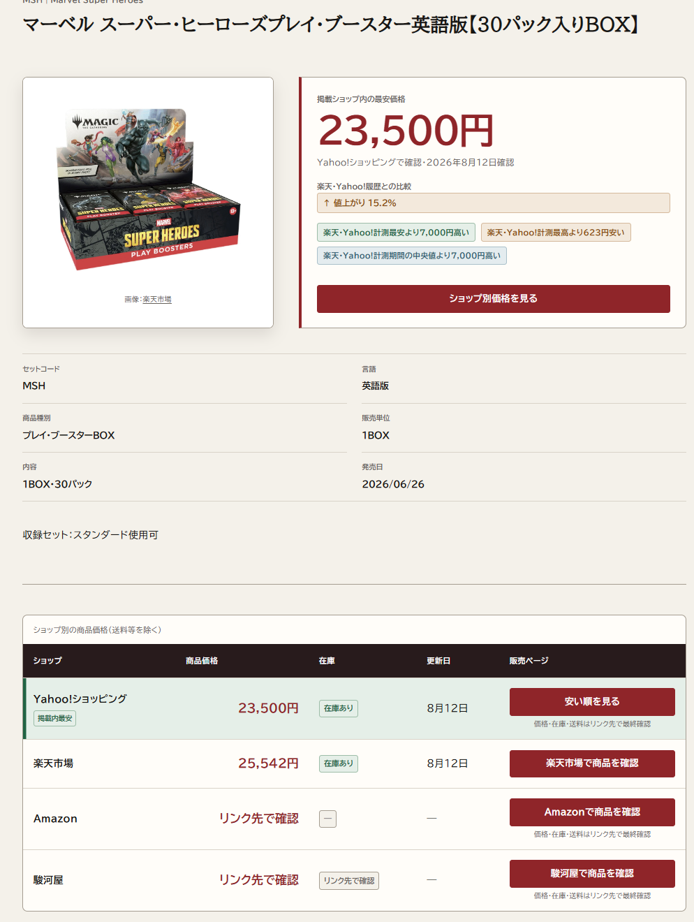 MTG商品の最安価格、言語、販売単位、発売日、ショップ別価格を示す詳細画面