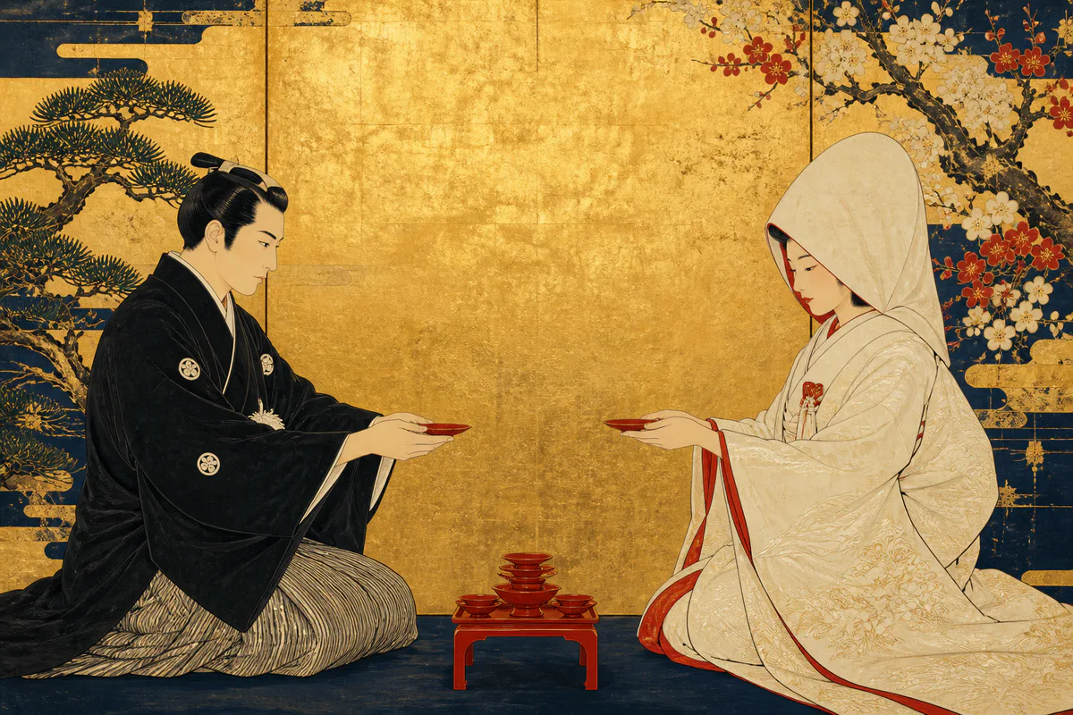 江戸風の婚礼を描いた海外向け日本の結婚祝いガイドのビジュアル